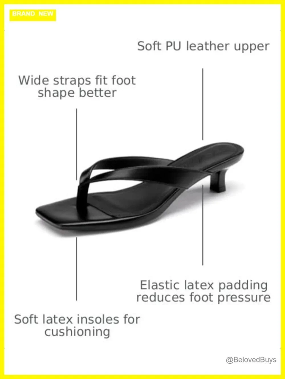 Kitten Heels Square Toe Slip On Flip Flops Low Thong Sandals PU Leather